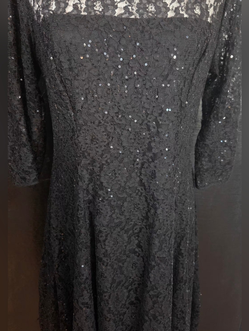 SLNY/S.L. Fashions Black Sequined Lace Fit & Flare Cocktail Dress - Size 10P - Picture 4 of 11